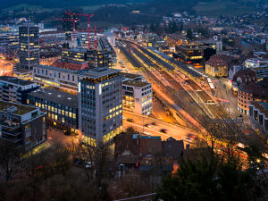 Switzerland, Canton Aargau, SBB train station in Baden from above, night shot