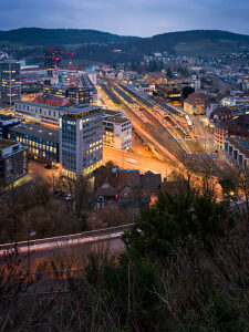 Switzerland, Canton Aargau, SBB train station in Baden from above, night shot