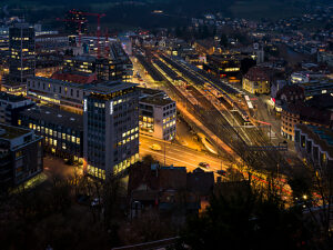 Switzerland, Canton Aargau, SBB train station in Baden from above, night shot