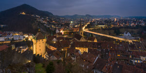 Switzerland, Canton Aargau, Old Town of Baden, Blue hour