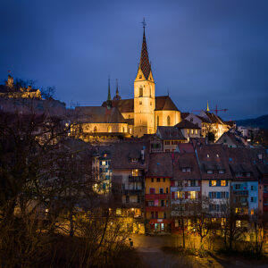 Switzerland, Canton Aargau, Old Town of Baden, Blue hour