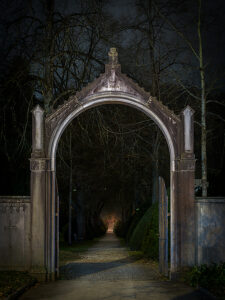 Switzerland, Canton Aargau, Baden, Old cemetery, Entrance, Night shot