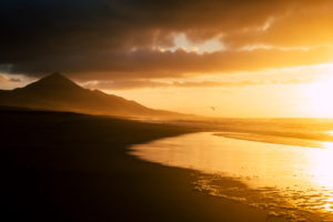 Beautiful timeless landscape at the beach with waves reflecting on the shore and seagull fliyng free in the warm orange sky with clouds - mountains in backgorund for nature outdoor travel paradise Beautiful timeless landscape at the beach with waves reflecting on the shore and seagull fliyng free in the warm orange sky with clouds - mountains in backgorund for nature outdoor travel paradise