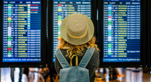 curly blonde woman with hat looking at the scoreboard at the airport - travelling, vacations curly blonde woman with hat looking at the scoreboard at the airport - travelling, vacations