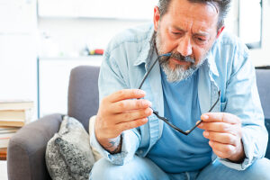 A thoughtful man at home on the couch, holding his eyeglasses and reflecting on vision-related issues associated with middle age and personal health