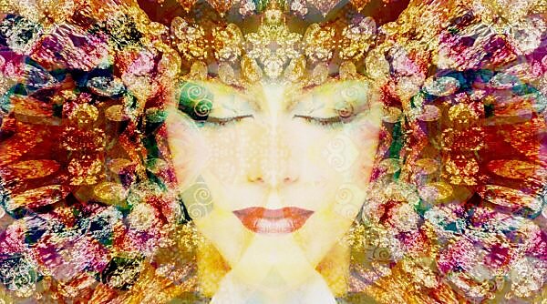 Portrait of a woman overlaid with textures and ornaments,