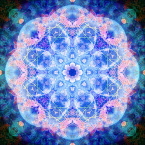 Photographic flower mandala, blue, pink,