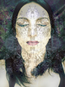Photomontage, woman's face, flower mandala, lettering 'I Am Source', Photomontage, woman's face, flower mandala, lettering 'I Am Source',