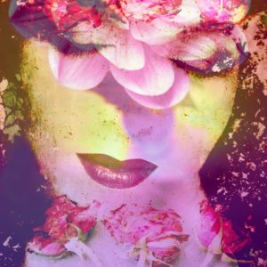 Portrait of a woman overlaid with flowers,