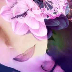 Portrait of a woman overlaid with flowers,