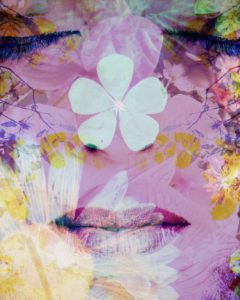 Portrait of a woman overlaid with flowers,