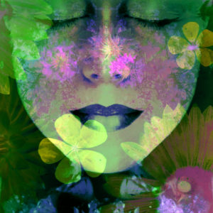 Portrait of a woman overlaid with flowers,
