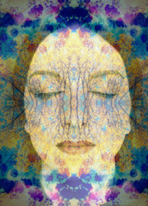 Portrait of a woman overlaid with branches and flowers,