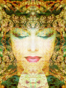 Portrait of a woman overlaid with textures and ornaments,