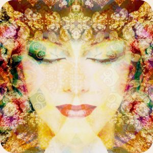 Portrait of a woman overlaid with textures and ornaments,