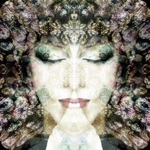 Portrait of a woman overlaid with textures and ornaments,