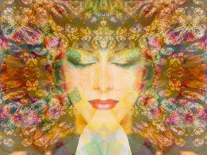 Portrait of a woman overlaid with textures and ornaments,