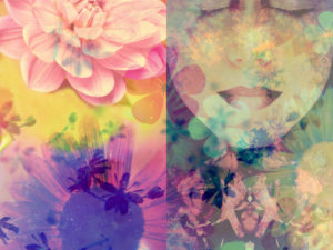 Composing, portrait of a woman overlaid with flowers,