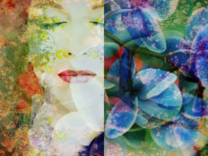 Composing, portrait of a woman overlaid with flowers,