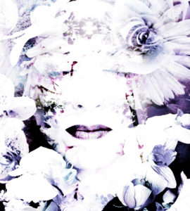Composing, portrait of a woman overlaid with flowers,