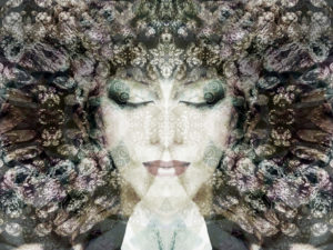 Portrait of a woman overlaid with textures and ornaments