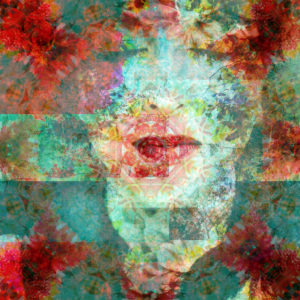 Photomontage, woman's face, closed eyes, bloom, detail