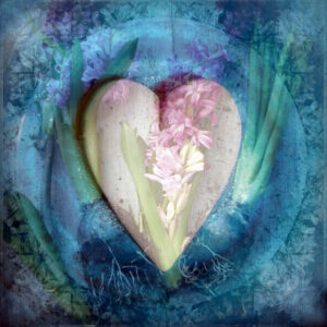 Composing heart and flowers on blue background
