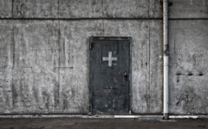 Hall, concrete wall, door, exit, access, cross, Hall, concrete wall, door, exit, access, cross,
