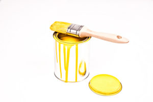 paint tin, wooden paint-brush, colour, yellow, paint tin, wooden paint-brush, colour, yellow,