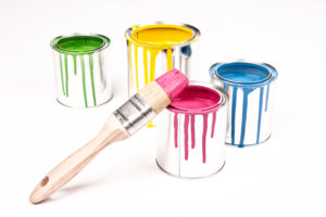 Colour tins, wooden paintbrushes, colours, yellow, red, blue, green, Colour tins, wooden paintbrushes, colours, yellow, red, blue, green,