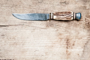 Hunting knife, wooden board, copy space, Hunting knife, wooden board, copy space,
