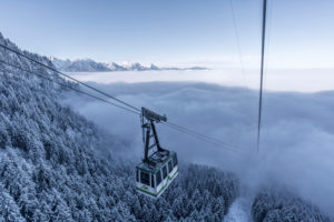 mountain landscape on the Tegelberg (mountain) in South Germany in winter, Tegelbergbahn (ropeway), Füssen (town) in the fog mountain landscape on the Tegelberg (mountain) in South Germany in winter, Tegelbergbahn (ropeway), Füssen (town) in the fog