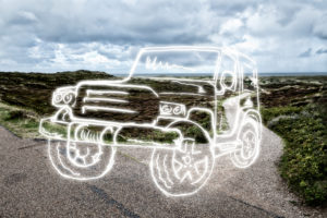 light drawing of a sport utility vehicle on a country road,