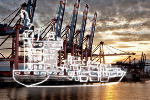 light drawing of a container ship in the harbour,