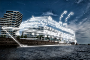 light drawing of a cruise ship in the town harbour at night,