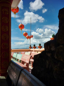 Temple, view, lampions hung up on line, cloudy, blue sky, harbour, Phú Quoc, Vietnam Temple, view, lampions hung up on line, cloudy, blue sky, harbour, Phú Quoc, Vietnam