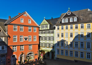 Europe, Germany, Hesse, Lahn-Dill-Kreis, Lahn-Dill-Bergland, Wetzlar, Schwarzadlergasse at the fish market with the former Reichskammergericht, city arms (imperial eagle) Europe, Germany, Hesse, Lahn-Dill-Kreis, Lahn-Dill-Bergland, Wetzlar, Schwarzadlergasse at the fish market with the former Reichskammergericht, city arms (imperial eagle)