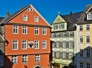 Europe, Germany, Hesse, Lahn-Dill-Kreis, Lahn-Dill-Bergland, Wetzlar, Schwarzadlergasse at the fish market with the former Reichskammergericht, city arms (imperial eagle) Europe, Germany, Hesse, Lahn-Dill-Kreis, Lahn-Dill-Bergland, Wetzlar, Schwarzadlergasse at the fish market with the former Reichskammergericht, city arms (imperial eagle)