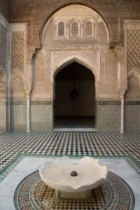 Inner courtyard with marble well, Saadier tombs, Medersa Ben Youssef, Marrakech, Morocco Inner courtyard with marble well, Saadier tombs, Medersa Ben Youssef, Marrakech, Morocco