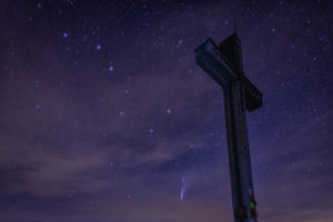 Large wagon and comet Neowise with summit cross Large wagon and comet Neowise with summit cross