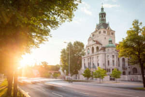 Bavarian National Museum and Prinzregentenstrasse in the low sun Bavarian National Museum and Prinzregentenstrasse in the low sun