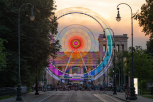 Ferris wheel at Munich's Königsplatz at dusk, during the "Summer in the City" event Ferris wheel at Munich's Königsplatz at dusk, during the "Summer in the City" event