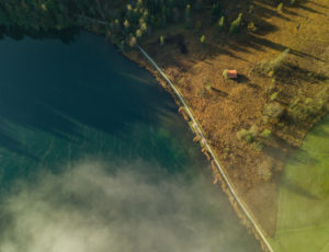 Aerial view mist over the Barmsee with walking path in autumn, hiking trail, lake shore, Bauernstadel, Krün, Garmisch-Partenkirchen, Upper Bavaria, Bavaria, southern Germany, Germany Aerial view mist over the Barmsee with walking path in autumn, hiking trail, lake shore, Bauernstadel, Krün, Garmisch-Partenkirchen, Upper Bavaria, Bavaria, southern Germany, Germany