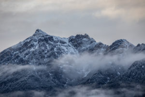 Kramer with clouds of fog in autumn, clouds, snow, trees, Garmisch-Partenkirchen, Upper Bavaria, Bavaria, southern Germany, Germany Kramer with clouds of fog in autumn, clouds, snow, trees, Garmisch-Partenkirchen, Upper Bavaria, Bavaria, southern Germany, Germany