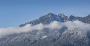 Kramer with clouds of fog in winter, blue sky, snow, trees, Garmisch-Partenkirchen, Upper Bavaria, Bavaria, southern Germany, Germany Kramer with clouds of fog in winter, blue sky, snow, trees, Garmisch-Partenkirchen, Upper Bavaria, Bavaria, southern Germany, Germany