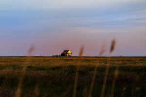 Colorful sunset at the North Sea in the Wadden Sea - in the last light of the sun a typical stilt house, pile dwellings, pile dwellings that defy the tides. Colorful sunset at the North Sea in the Wadden Sea - in the last light of the sun a typical stilt house, pile dwellings, pile dwellings that defy the tides.