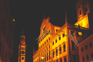 The Augsburger Christkindlesmarkt, Christmas market in Swabia at night.