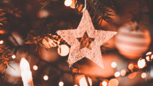A white poinsettia hangs on a Christmas tree in a warm atmosphere. With fairy lights