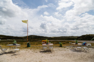 Bam-bus - outside area of the restaurant in the dunes in front of the Elbow, Sylt island, Germany, Europe,