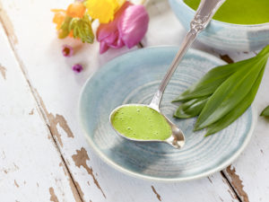 Ayurvedic cuisine - wild garlic sauce in a silver ladle